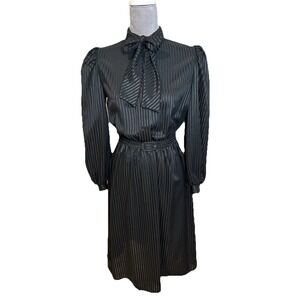 Vintage Malouf 70s 80s Sz 8P Black Silky Sheer Striped Dress Career Cocktails